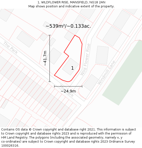 1, WILDFLOWER RISE, MANSFIELD, NG18 2AN: Plot and title map