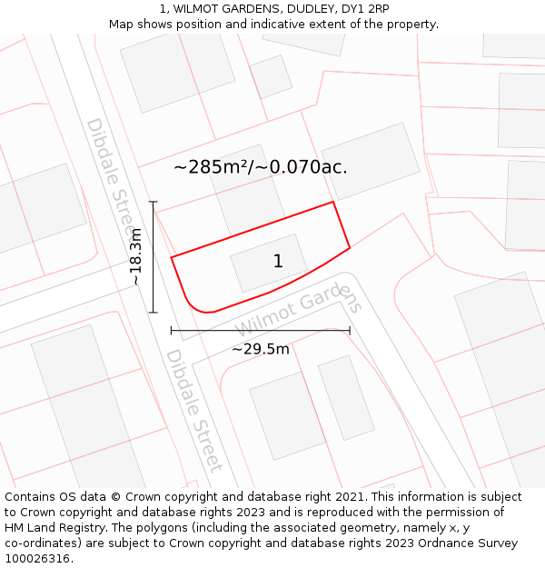 1, WILMOT GARDENS, DUDLEY, DY1 2RP: Plot and title map