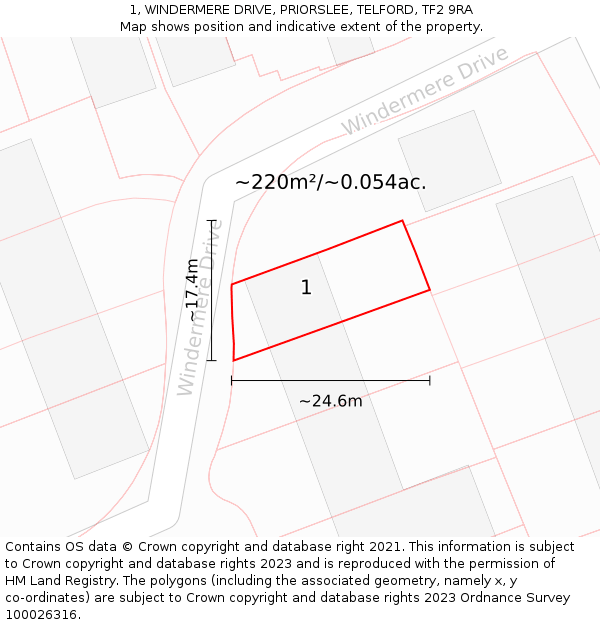 1, WINDERMERE DRIVE, PRIORSLEE, TELFORD, TF2 9RA: Plot and title map