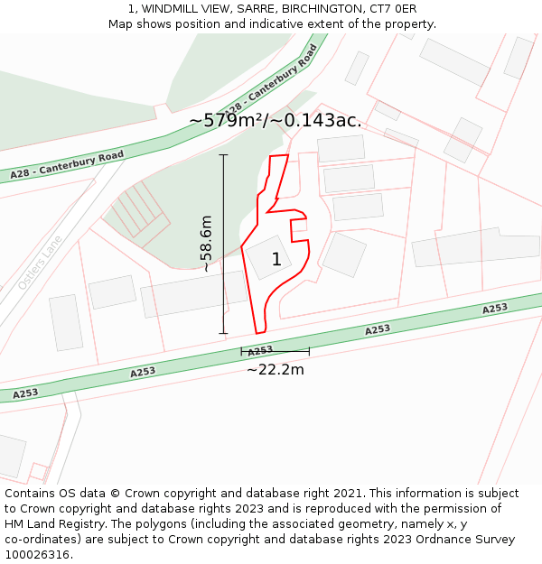 1, WINDMILL VIEW, SARRE, BIRCHINGTON, CT7 0ER: Plot and title map