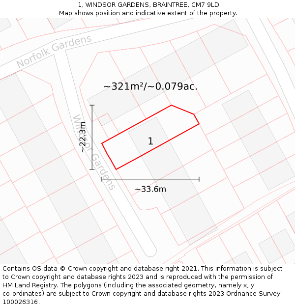 1, WINDSOR GARDENS, BRAINTREE, CM7 9LD: Plot and title map