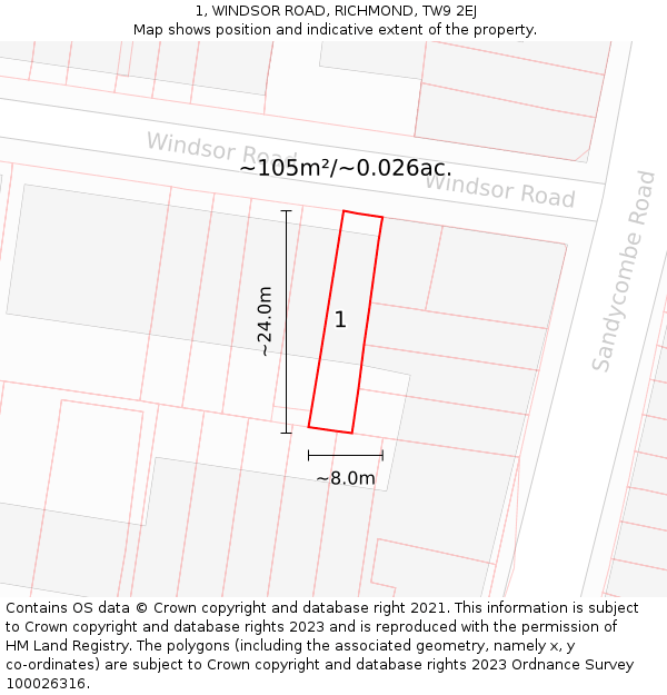 1, WINDSOR ROAD, RICHMOND, TW9 2EJ: Plot and title map