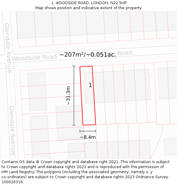 1, WOODSIDE ROAD, LONDON, N22 5HP: Plot and title map