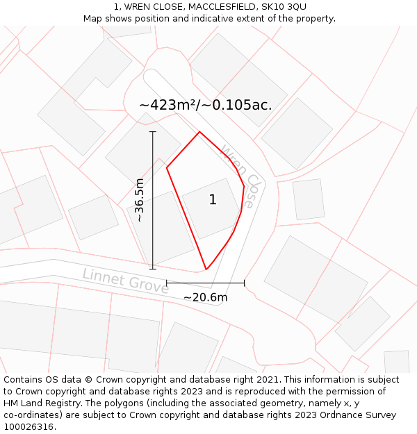 1, WREN CLOSE, MACCLESFIELD, SK10 3QU: Plot and title map