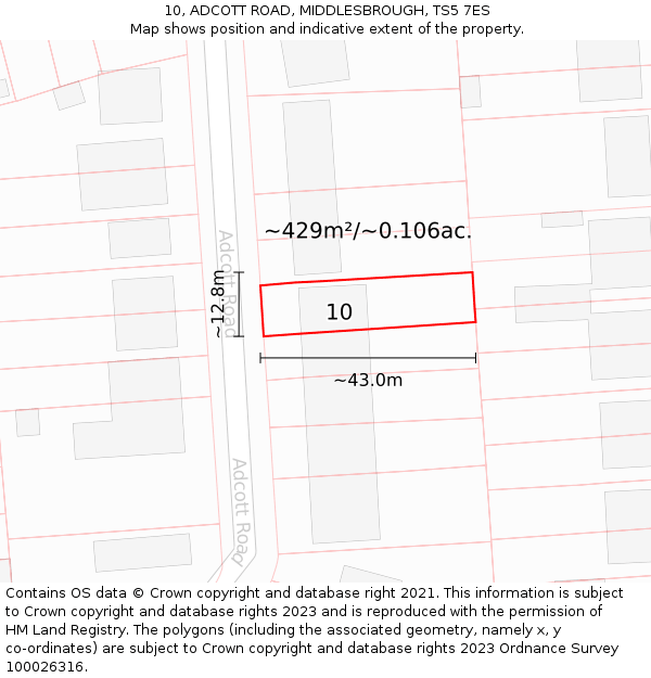 10, ADCOTT ROAD, MIDDLESBROUGH, TS5 7ES: Plot and title map