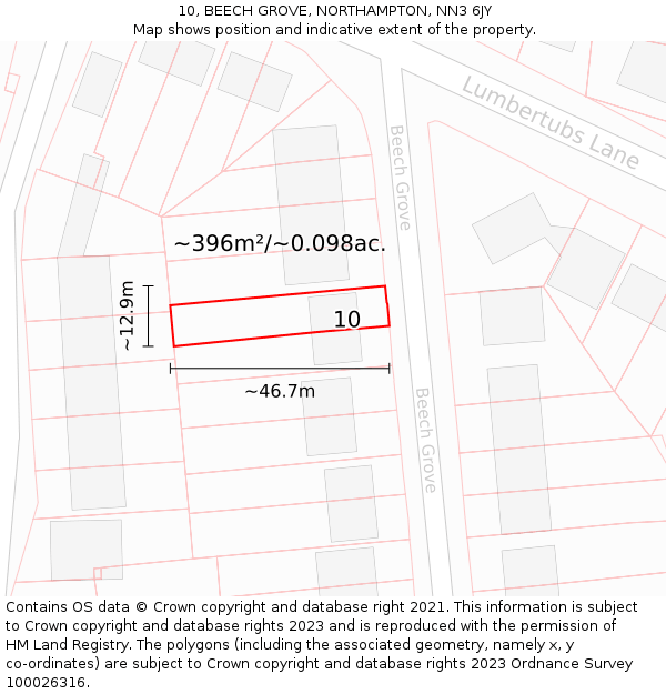 10, BEECH GROVE, NORTHAMPTON, NN3 6JY: Plot and title map