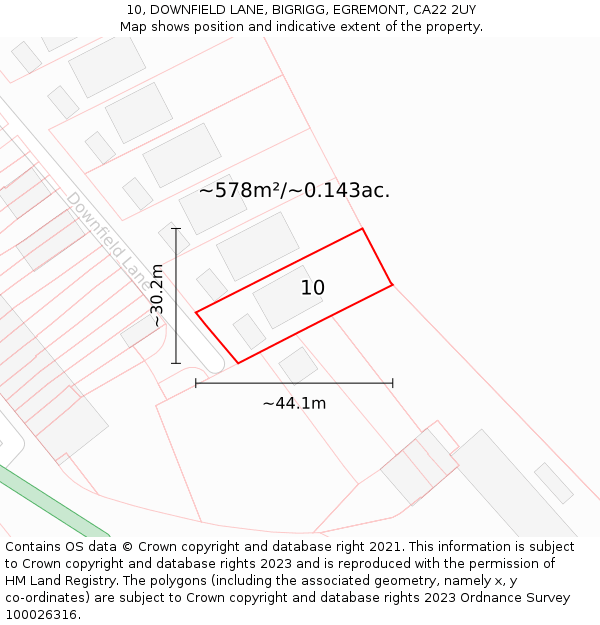10, DOWNFIELD LANE, BIGRIGG, EGREMONT, CA22 2UY: Plot and title map