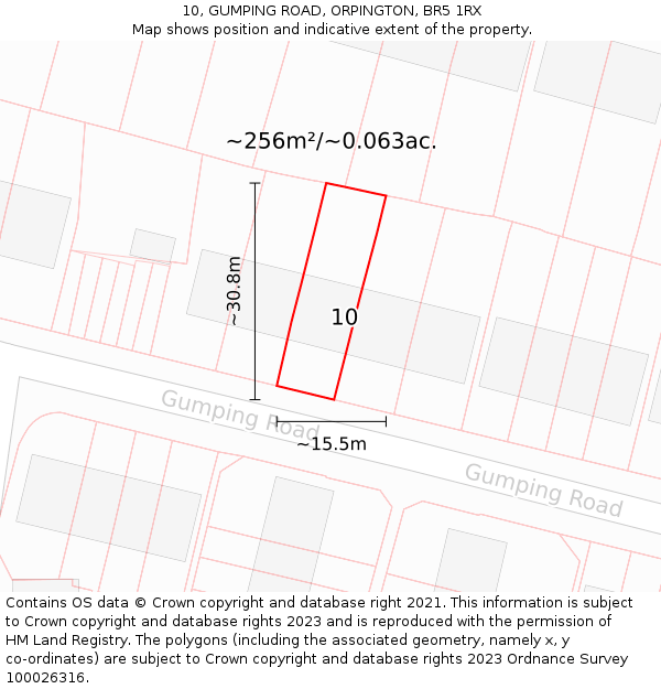 10, GUMPING ROAD, ORPINGTON, BR5 1RX: Plot and title map
