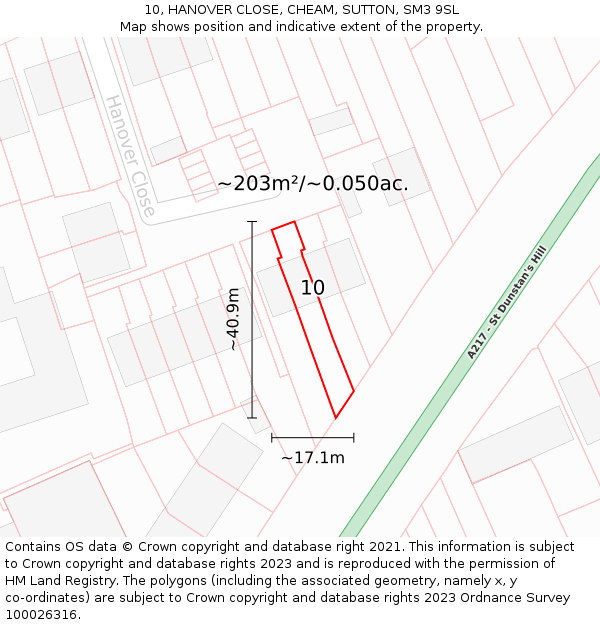 10, HANOVER CLOSE, CHEAM, SUTTON, SM3 9SL: Plot and title map