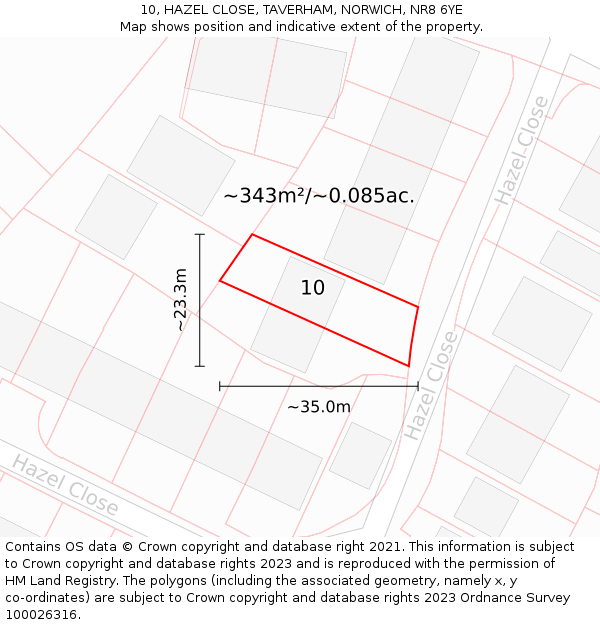 10, HAZEL CLOSE, TAVERHAM, NORWICH, NR8 6YE: Plot and title map