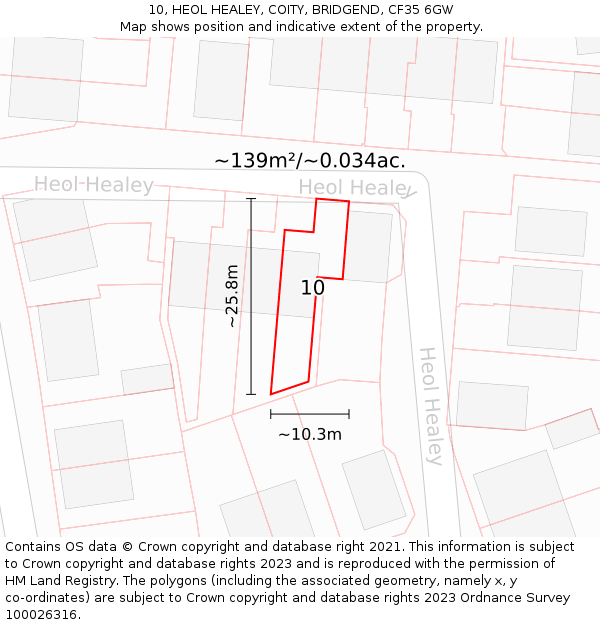 10, HEOL HEALEY, COITY, BRIDGEND, CF35 6GW: Plot and title map