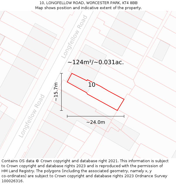 10, LONGFELLOW ROAD, WORCESTER PARK, KT4 8BB: Plot and title map
