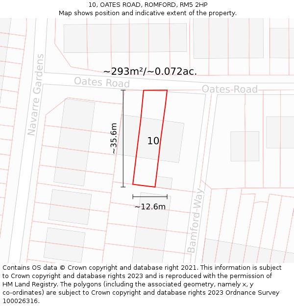 10, OATES ROAD, ROMFORD, RM5 2HP: Plot and title map
