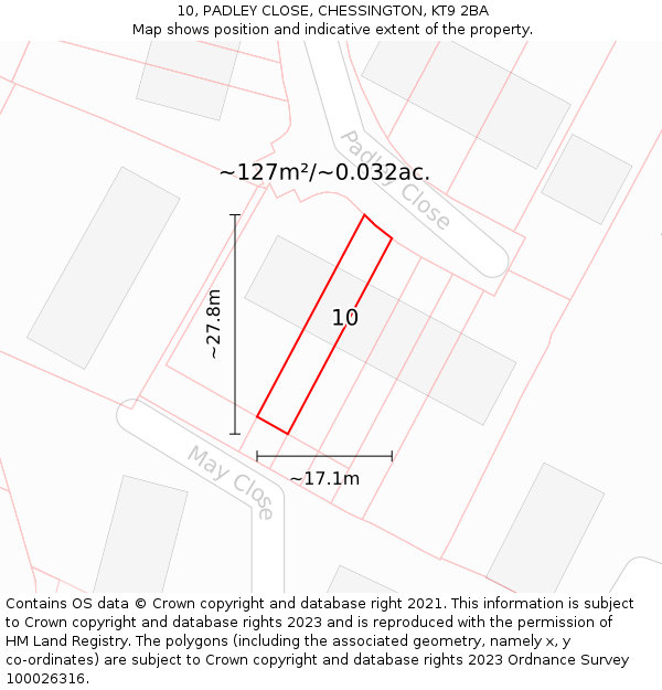 10, PADLEY CLOSE, CHESSINGTON, KT9 2BA: Plot and title map