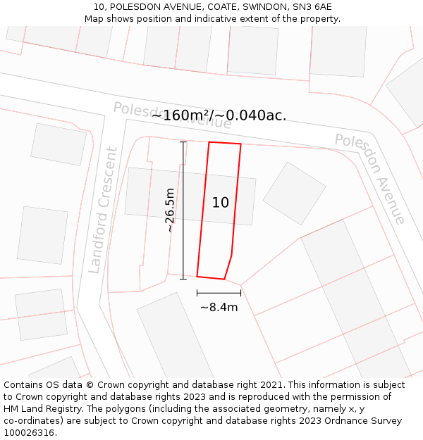 10, POLESDON AVENUE, COATE, SWINDON, SN3 6AE: Plot and title map