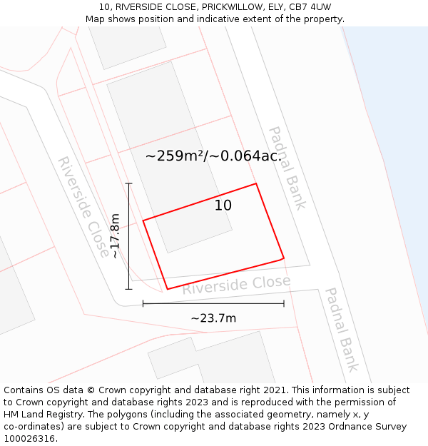 10, RIVERSIDE CLOSE, PRICKWILLOW, ELY, CB7 4UW: Plot and title map