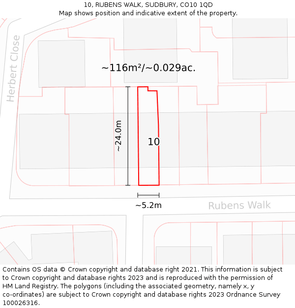 10, RUBENS WALK, SUDBURY, CO10 1QD: Plot and title map