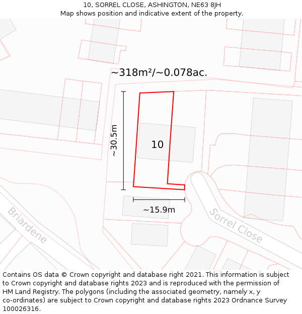 10, SORREL CLOSE, ASHINGTON, NE63 8JH: Plot and title map
