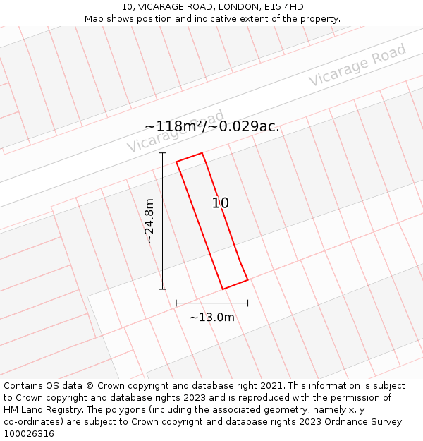 10, VICARAGE ROAD, LONDON, E15 4HD: Plot and title map