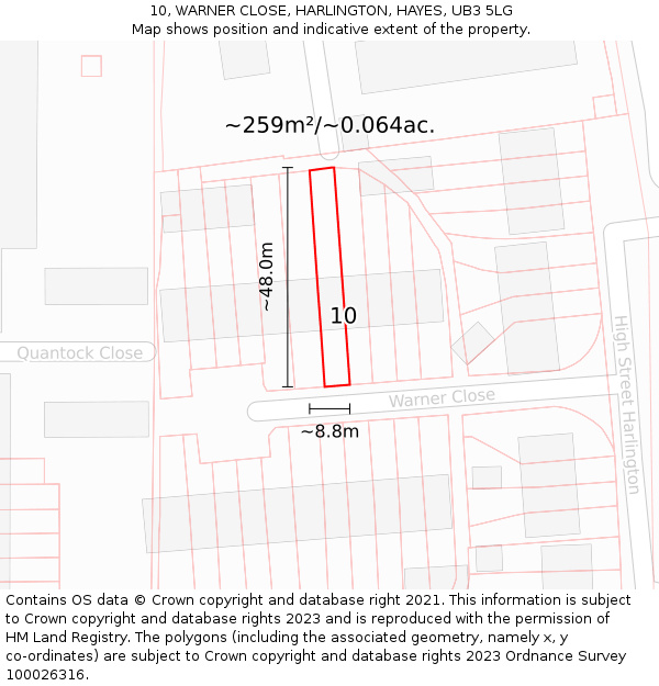 10, WARNER CLOSE, HARLINGTON, HAYES, UB3 5LG: Plot and title map