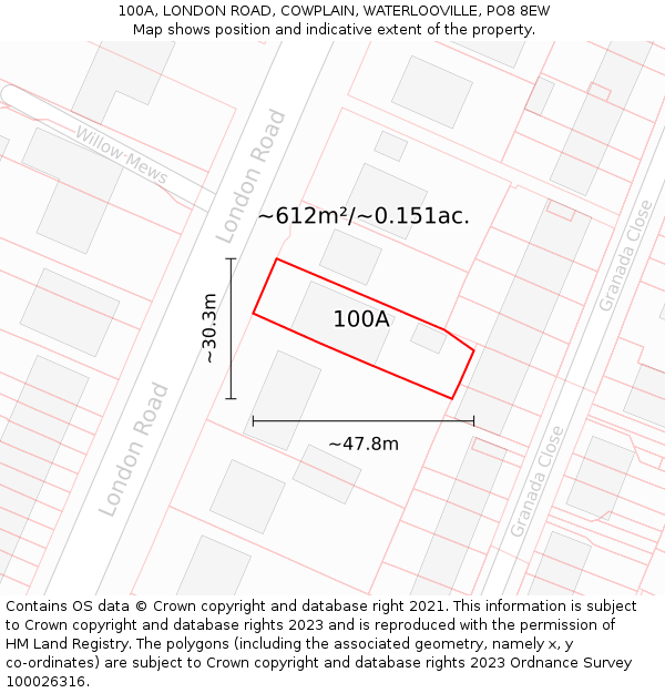 100A, LONDON ROAD, COWPLAIN, WATERLOOVILLE, PO8 8EW: Plot and title map