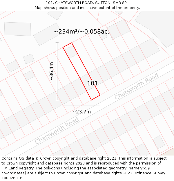 101, CHATSWORTH ROAD, SUTTON, SM3 8PL: Plot and title map