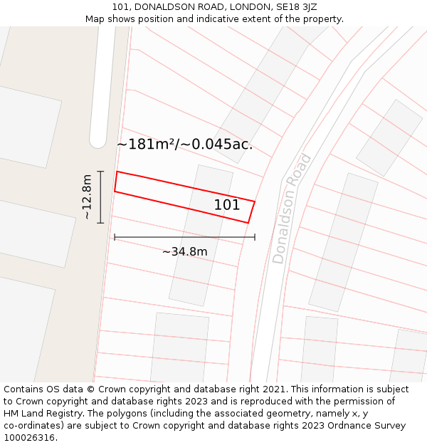 101, DONALDSON ROAD, LONDON, SE18 3JZ: Plot and title map