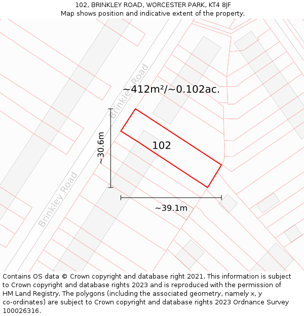 102, BRINKLEY ROAD, WORCESTER PARK, KT4 8JF: Plot and title map