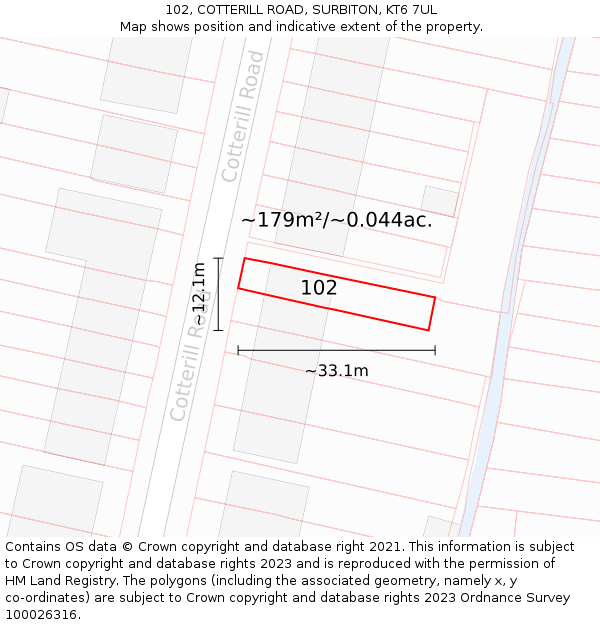 102, COTTERILL ROAD, SURBITON, KT6 7UL: Plot and title map