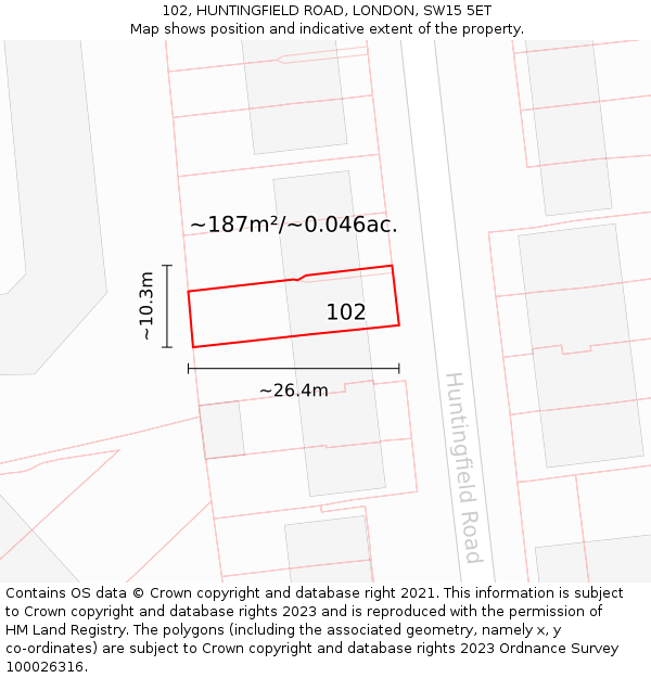 102, HUNTINGFIELD ROAD, LONDON, SW15 5ET: Plot and title map