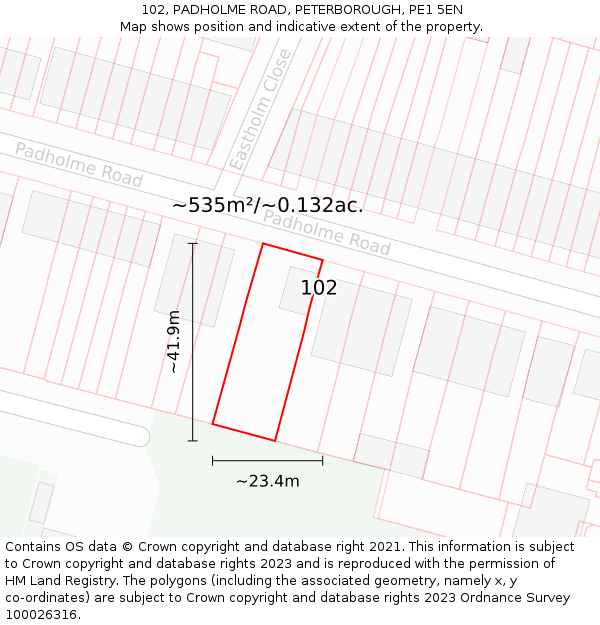 102, PADHOLME ROAD, PETERBOROUGH, PE1 5EN: Plot and title map