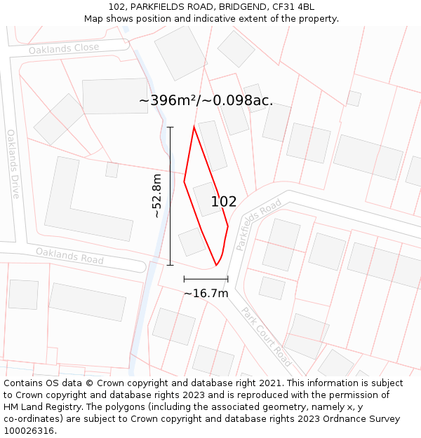 102, PARKFIELDS ROAD, BRIDGEND, CF31 4BL: Plot and title map