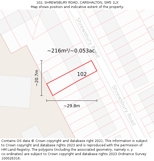 102, SHREWSBURY ROAD, CARSHALTON, SM5 1LX: Plot and title map