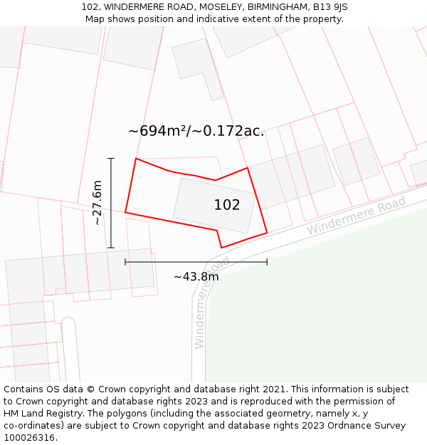 102, WINDERMERE ROAD, MOSELEY, BIRMINGHAM, B13 9JS: Plot and title map
