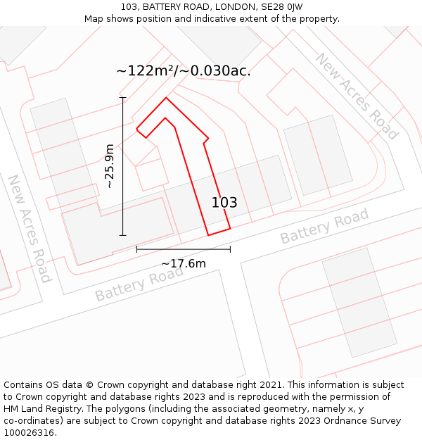 103, BATTERY ROAD, LONDON, SE28 0JW: Plot and title map