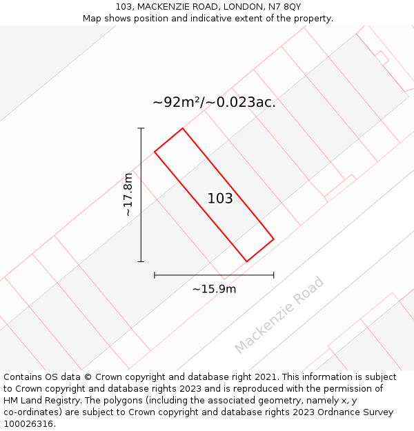 103, MACKENZIE ROAD, LONDON, N7 8QY: Plot and title map