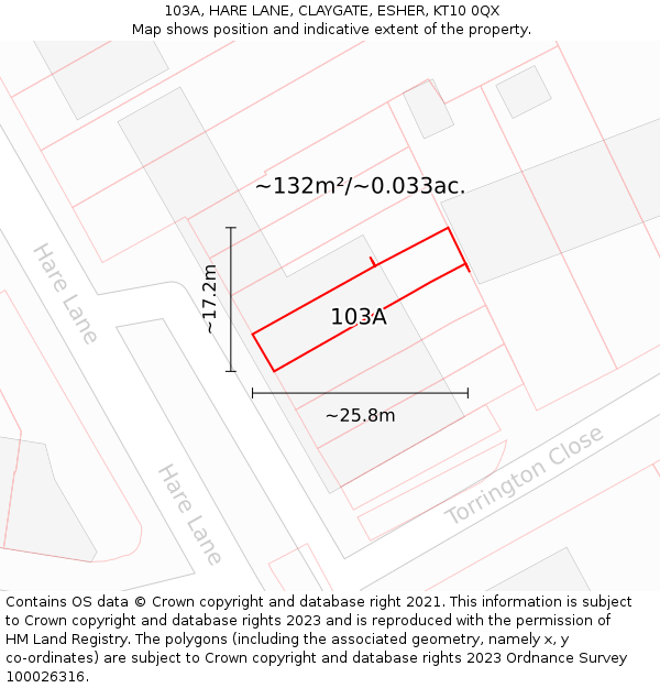 103A, HARE LANE, CLAYGATE, ESHER, KT10 0QX: Plot and title map