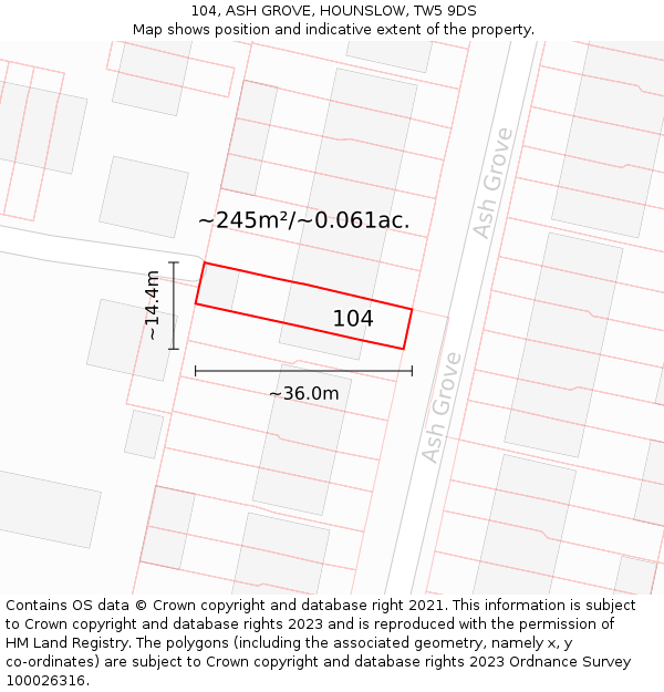 104, ASH GROVE, HOUNSLOW, TW5 9DS: Plot and title map