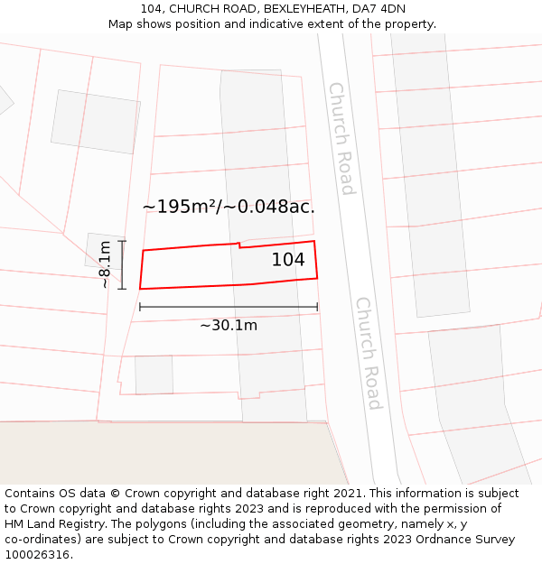 104, CHURCH ROAD, BEXLEYHEATH, DA7 4DN: Plot and title map