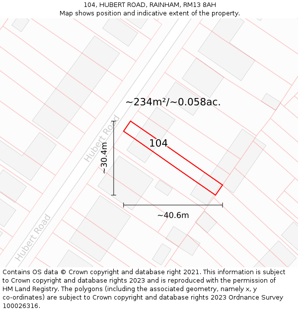 104, HUBERT ROAD, RAINHAM, RM13 8AH: Plot and title map