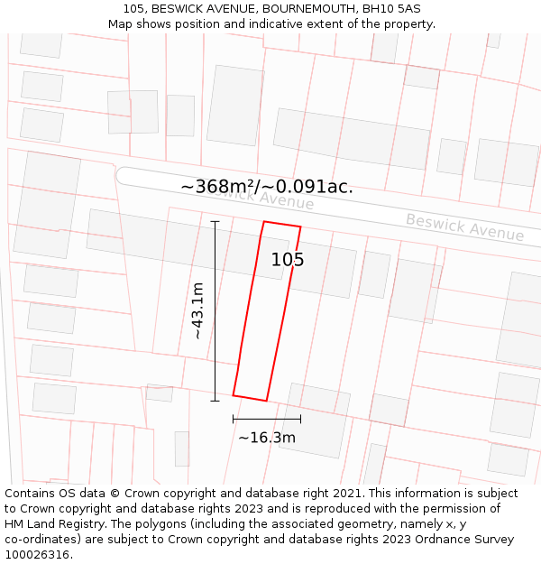 105, BESWICK AVENUE, BOURNEMOUTH, BH10 5AS: Plot and title map