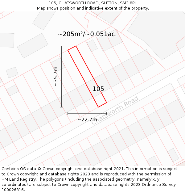 105, CHATSWORTH ROAD, SUTTON, SM3 8PL: Plot and title map