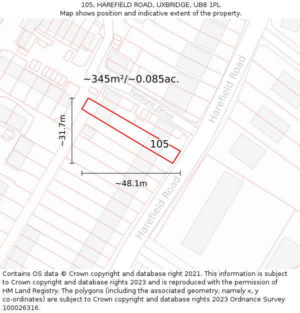 105, HAREFIELD ROAD, UXBRIDGE, UB8 1PL: Plot and title map