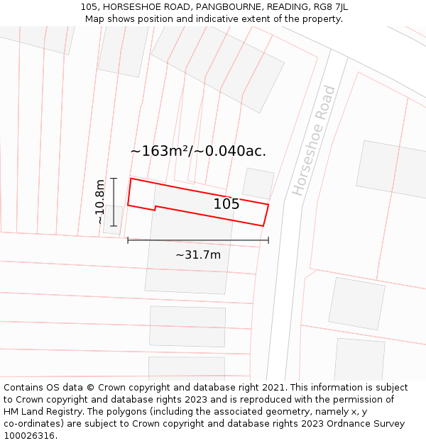 105, HORSESHOE ROAD, PANGBOURNE, READING, RG8 7JL: Plot and title map