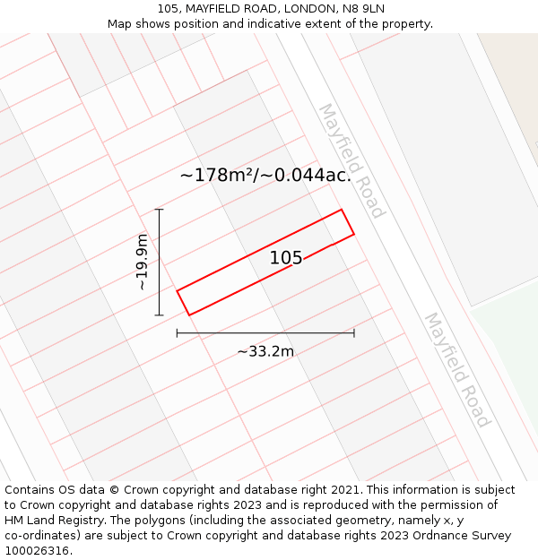 105, MAYFIELD ROAD, LONDON, N8 9LN: Plot and title map