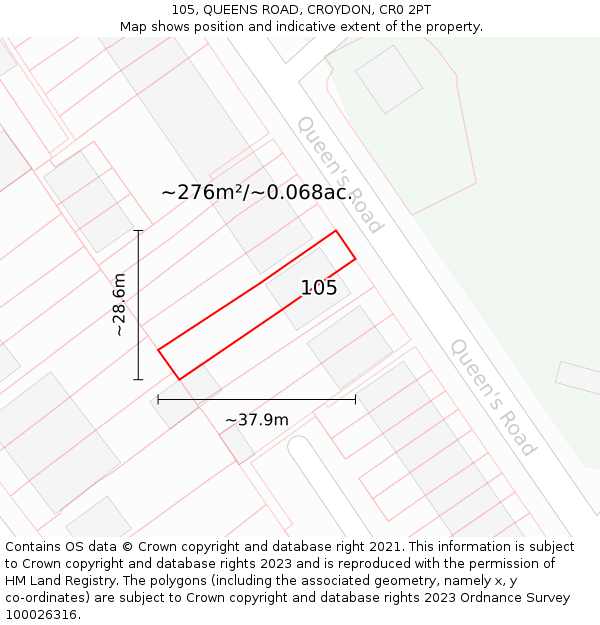 105, QUEENS ROAD, CROYDON, CR0 2PT: Plot and title map