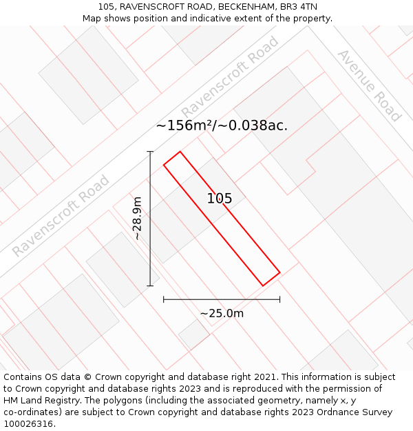 105, RAVENSCROFT ROAD, BECKENHAM, BR3 4TN: Plot and title map