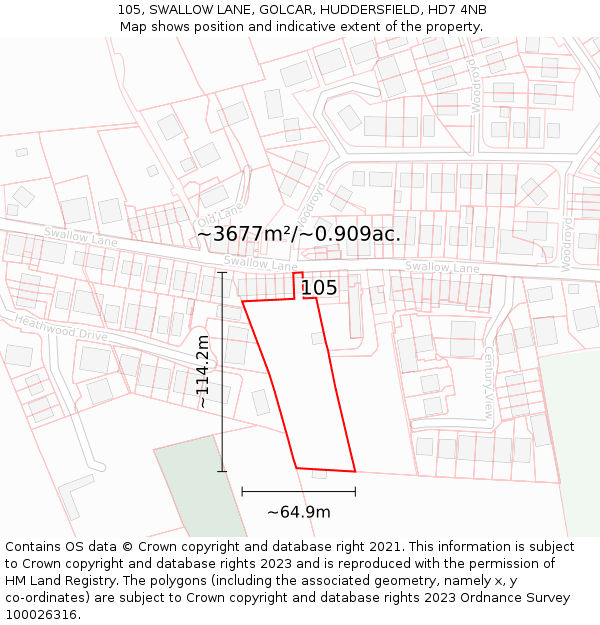 105, SWALLOW LANE, GOLCAR, HUDDERSFIELD, HD7 4NB: Plot and title map