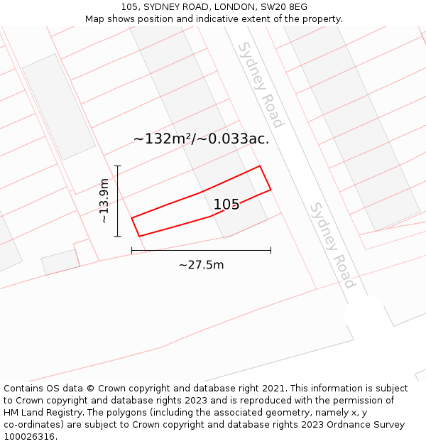 105, SYDNEY ROAD, LONDON, SW20 8EG: Plot and title map