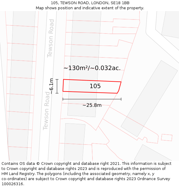 105, TEWSON ROAD, LONDON, SE18 1BB: Plot and title map